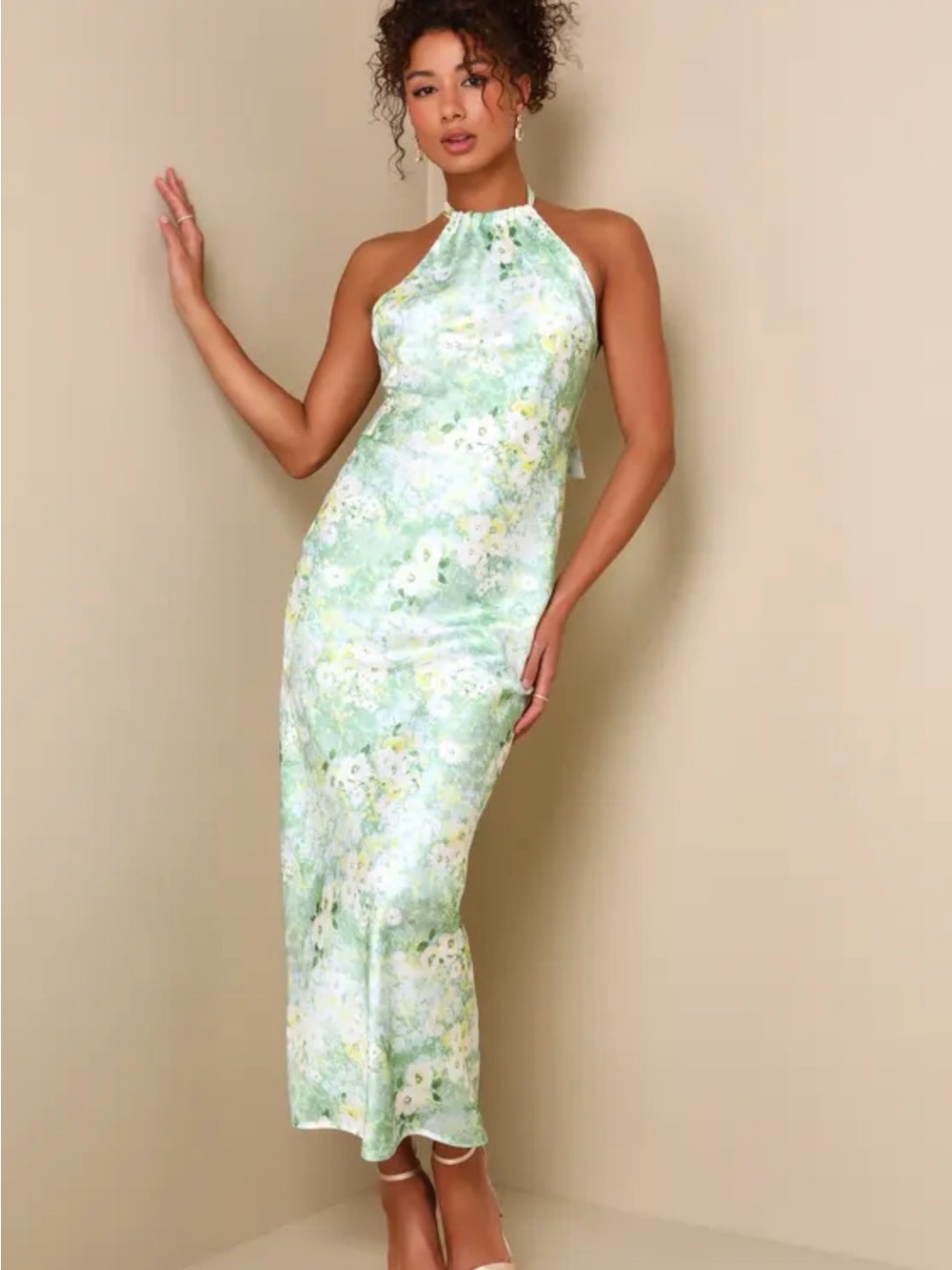 Lulu's Mint Green Floral Halter Maxi Dress